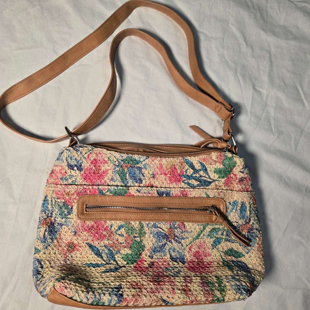 Bueno Floral Woven Crossbody Bag Tan Strap Adjustable Multi Color  Purse
